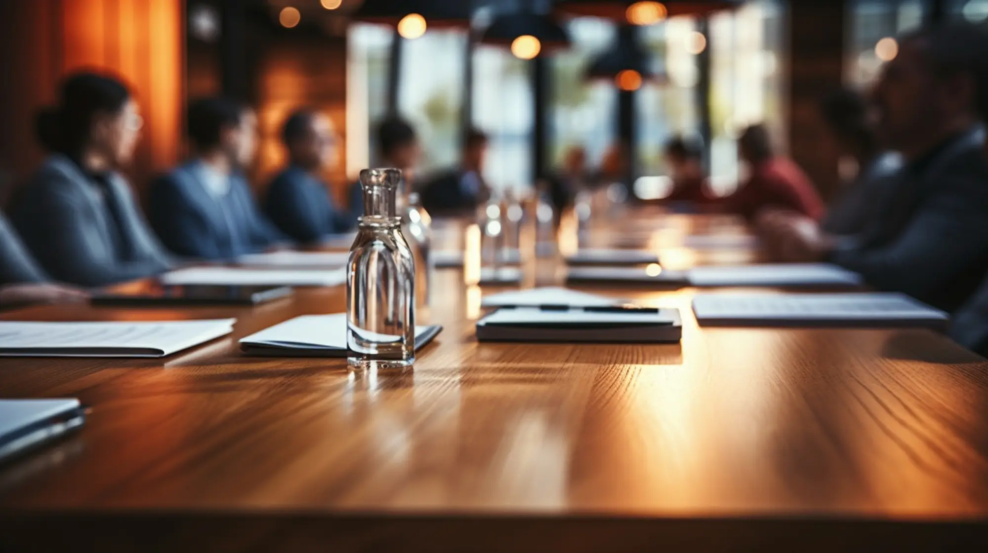 Close-up of boardroom table with water bottles, notebooks, and blurred attendees.