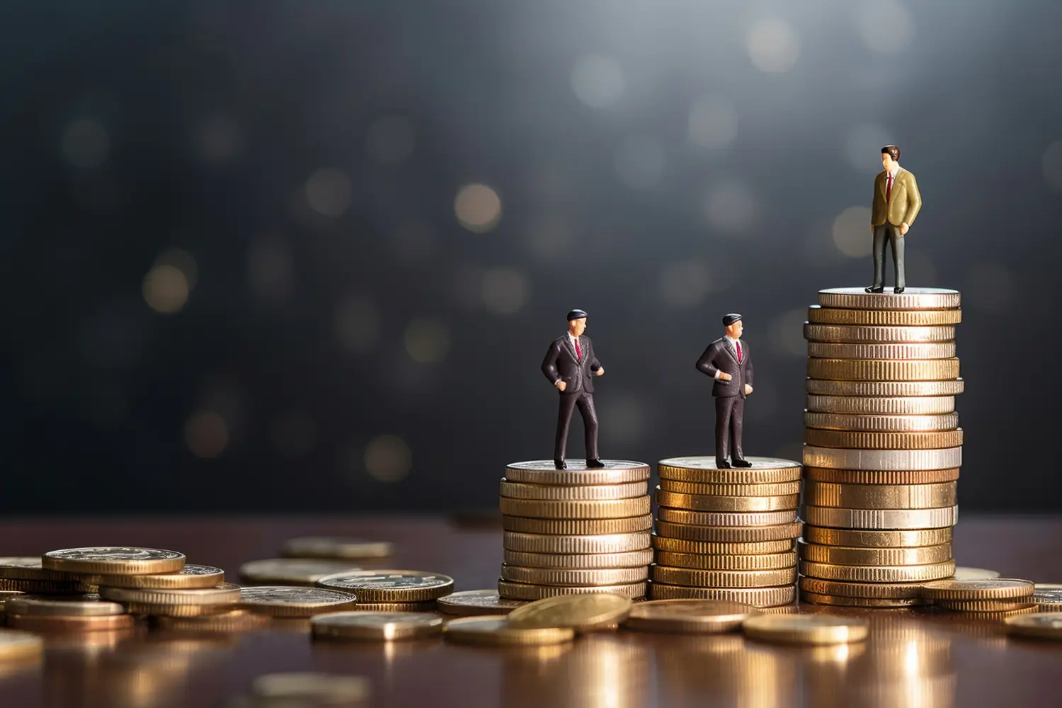 Miniature business figures standing on stacked coins representing wealth inequality.