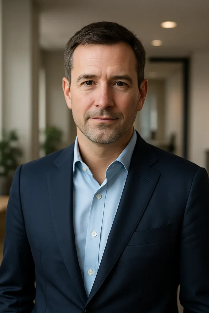 Confident businessman in navy suit standing indoors with neutral expression.