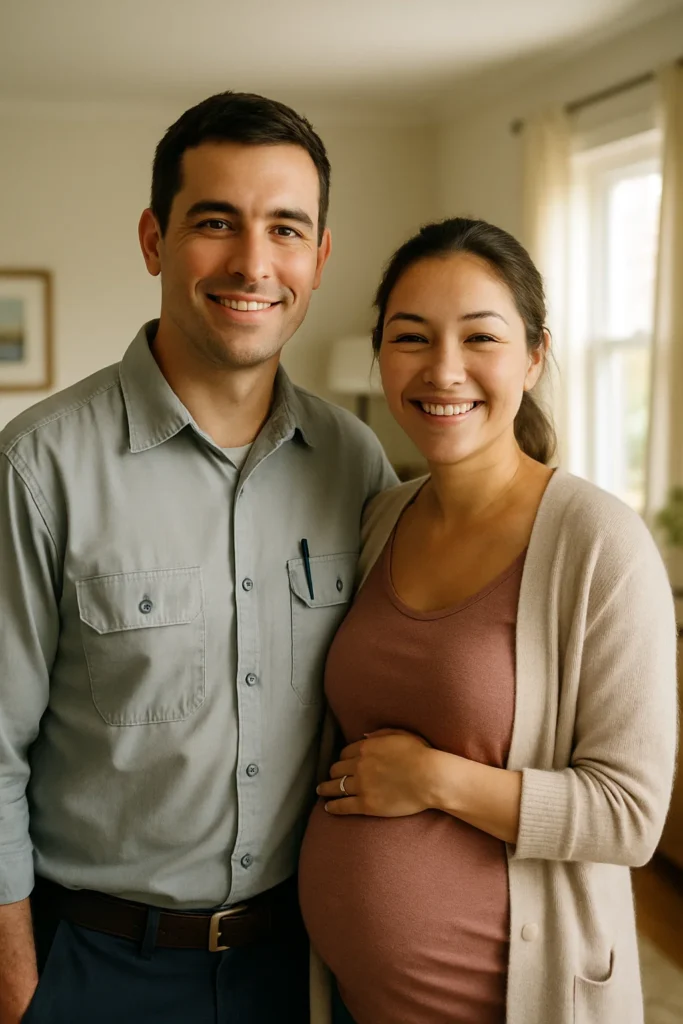 Smiling couple at home, woman gently holding her pregnant belly.
