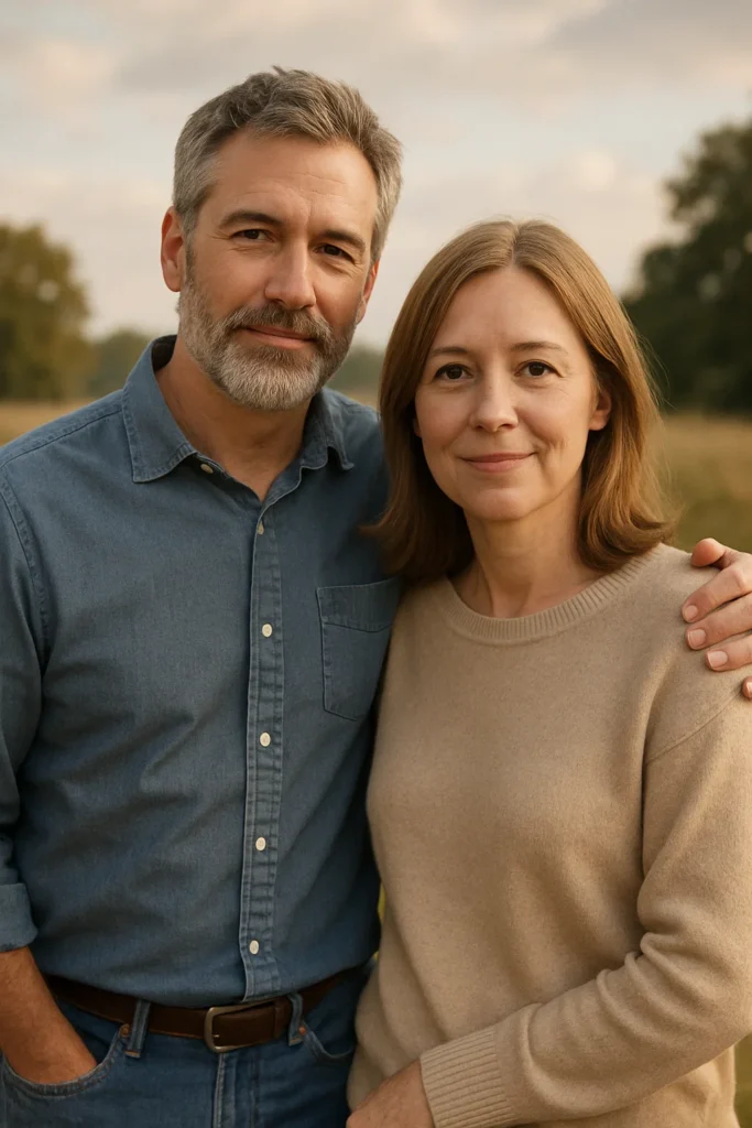 Middle-aged couple standing outdoors together, smiling with arms around each other.